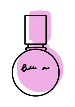 recommend clip art: Vector illustration of a perfume bottle in line style. With a background of pastel colors in the form of a silhouette of perfume. Can be used as an icon, sign, sticker, logo.
