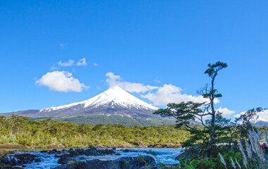 Petrohue Waterfalls with Osorno Volcano in the background. Near the City of Puerto Varas, Chile.
