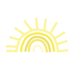 Isolated image of the sun in the Scandinavian style, colored on a white background. Digital illustration with imitation paint. Design for children, posters, prints, postcards, fabrics, textiles.