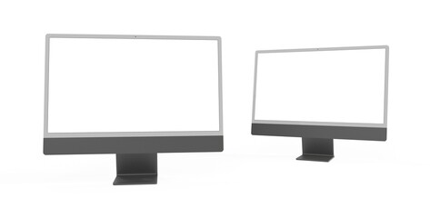 Computer display mock up with blank white screen. Stylish desktop computer mockup.