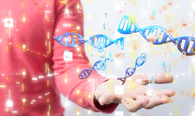 Businessman holding a 3d render DNA.