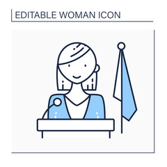 Woman president line icon. Woman saying an inspiring speech. Main career. Successfully strong woman concept. Isolated vector illustration.Editable stroke