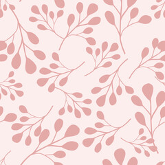 Garden exotic style seamless pattern in pink and lilac tones with doodle eucalyptus shapes. Simple style.