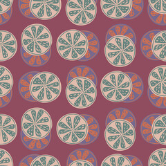 Exotic fruit seamless pattern with doodle vintage citrus slices elements. Pink pale background. Simple print.