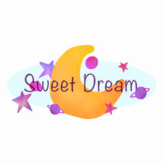 "Sweet dream"message with moon and stars watercolor digital painting.