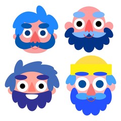 Happy seamen set isolated on white vector illustration. Funny four faces smiling cartoon seafarers. Flat men with blue hair, beards and mustaches collection