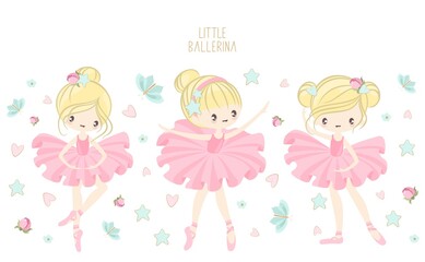 Cute ballerina on the background of stars, clouds and hearts. Vector illustration in a simple style.