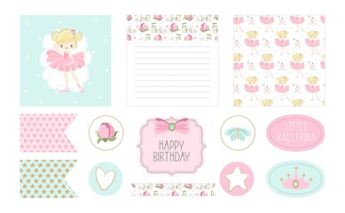 A set of stickers and postcards Ballet for a Happy Birthday. Cute ballerinas, flowers, plants, patterns. Vector illustration.