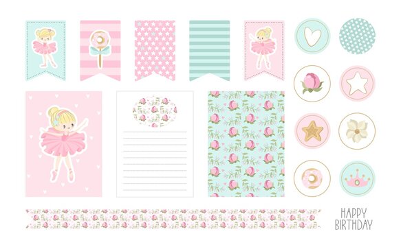A set of stickers and postcards Ballet for a Happy Birthday. Cute ballerinas, flowers, plants, patterns. Vector illustration.
