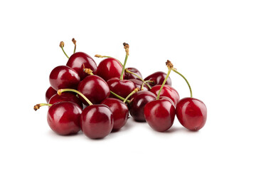 Sweet Cherries, Isolated on White Background – Prunus Avium Wild Cherry Cultivar, Group, Heap, Bunch, with Shadow, Red Glossy Berries – Detailed Close-Up Macro, High Resolution