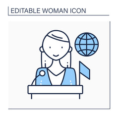 Politician line icon. Woman top career. Propose, support, and create laws or policies. Successful woman concept. Isolated vector illustration.Editable stroke © Antstudio