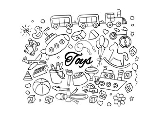 Toys for children. Hand drawn doodles. Cute outline icons on white background. Vector illustration.