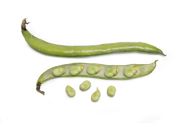 Broad Beans, Isolated on White Background – Vicia Faba, One Whole and One Cut Open, Fava Beans – Detailed Close-Up Macro, Top View, from Above, High Resolution