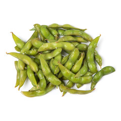 Edamame Soybeans, Isolated on White Background – Whole, Cooked, Japanese Vegetable Ingredient with Salt Grains, Boiled, in Group, Bunch – Detailed Close-Up Macro, Top View, from Above