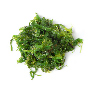 Goma Wakame Seaweed Salad, Isolated on White Background – Ingredient Close Up, Heap of Raw Algae Detail, Seasoned Sesame Chuka – Detailed Macro, High Resolution