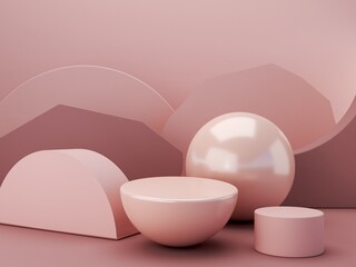 Minimal scene with podium and abstract background. Geometric shapes. Pastel colors scene. Minimal 3d rendering. Scene with geometrical forms and textured background for cosmetic product. 3d render. 