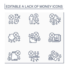 Money lack line icons set. Loses saving money. Unprofitable investment. Poverty. Poorness concept. Isolated vector illustrations.Editable stroke