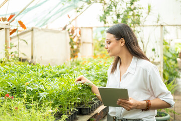 attractive business women gardener in glasses using tablet. Modern technology in gardening business.