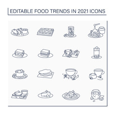 Food trends line icons set. Trendy dishes. Delicious food. New recipes concept. Isolated vector illustrations. Editable stroke