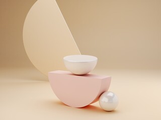 Abstract minimal scene with geometrical forms. Cylinder podiums in cream pink colors. Abstract background. Scene to show cosmetic podructs. Showcase, shopfront, display case. 3d render. 