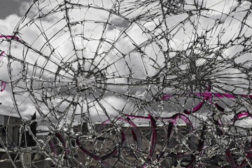 Broken glass window on abandoned bus