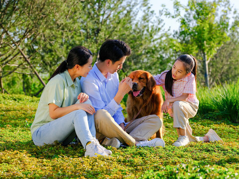 Happy family of three and pet dog playing in the park