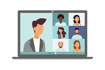 Video conference call, remote project management, quarantine, chat with friends. Vector illustration in a modern style.