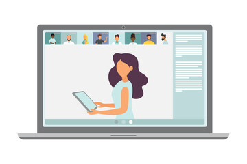 Video conference call, remote project management, quarantine, chat with friends. Vector illustration in a modern style.