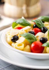 Obraz na płótnie Canvas Fresh Pasta Salad with Tomatoes and Black Olives. High quality photo