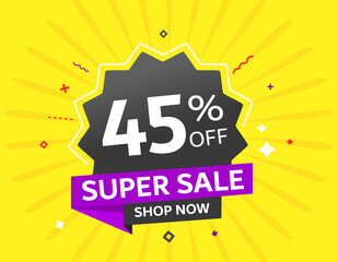Tag 45% off. Special Offer vector, retail, ecommerce, promotion, super sale. best price, mega sale. Store. Burn, Black Friday, shop now.