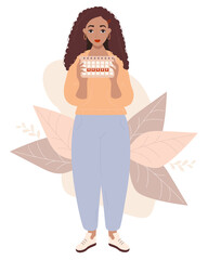 girl looks at calendar. beautiful ethnic black girl in full growth holds a calendar of the female menstrual cycle in her hands. Vector illustration. Womens health and menstruation concept