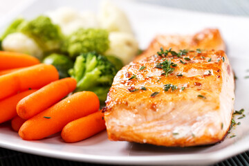 Salmon Fillet with Mixed Steamed Vegetables. High quality photo.
