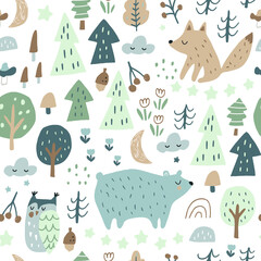 Waldnahtloses Muster mit Bären, Fuchs, Eule und Eichhörnchen. Trendige Waldtextur, perfekt für Textilien, Stoffe, Bekleidung, Tapeten. Vektorillustration