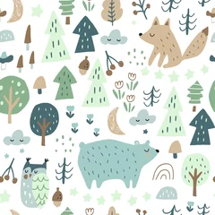 Fototapete Fuchs Waldnahtloses Muster mit Bären, Fuchs, Eule und Eichhörnchen. Trendige Waldtextur, perfekt für Textilien, Stoffe, Bekleidung, Tapeten. Vektorillustration