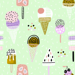 Summer seamless pattern with hand drawn different ice cream. Vector illustration