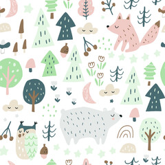 Waldnahtloses Muster mit Bären, Fuchs, Eule und Eichhörnchen. Trendige Waldtextur, perfekt für Textilien, Stoffe, Bekleidung, Tapeten. Vektorillustration