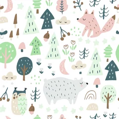 Acrylic prints Fox Woodland seamless pattern with bear, fox, owl and squirrel. Trendy woodland texture perfect for textile, fabric, apparel, wallpaper.Vector illustration