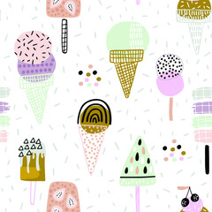 Summer seamless pattern with hand drawn different ice cream. Vector illustration