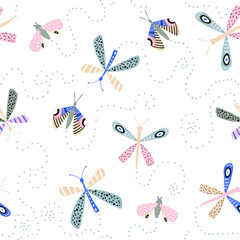 Seamless pattern with flying butterflies, moths scandinavian style. Modern butterfly texture .Vector modern background