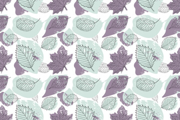 seamless pattern of black outline of autumn leaves and abstract scuffed spots. 