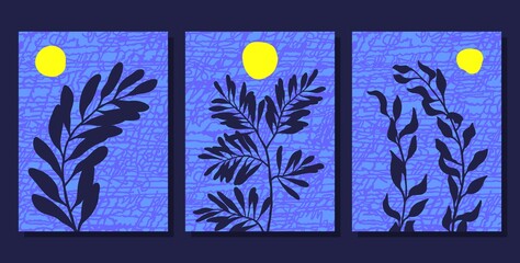 Naklejka premium Set of abstract aesthetic floral illustrations. Minimalistic boho style. Dark branch silhouette on textured background. Vector template