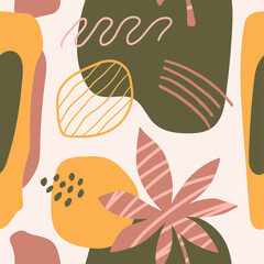 Modern abstract seamless pattern with tropical plants, organic shapes and lines. Creative collage contemporary background. Fashionable template for design.	

