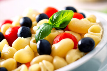 Fresh Pasta Salad with Tomatoes and Black Olives. High quality photo