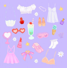 Set of 90's cute summer girl elements