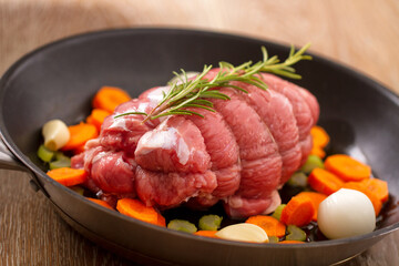 Raw Beef Roast in a Pan . High quality photo.