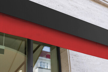 Obraz premium Blank store signage sign design mockup isolated, Clear shop template. Street hanging mounted on the wall. Signboard for logo presentation. Metal cafe restaurant bar plastic badge black white. 