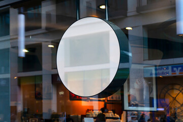 Blank store signage sign design mockup isolated, Clear shop template. Street hanging mounted on the wall. Signboard for logo presentation. Metal cafe restaurant bar plastic badge black white. 