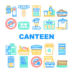 School Canteen Menu Collection Icons Set Vector. Canteen Food And Drink, Basket With Fruits And Cake Dessert, Cooked Dish And Chef Concept Linear Pictograms. Contour Color Illustrations