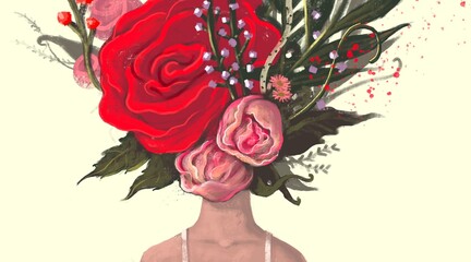 Woman with flowers head. concept painting of nature and freedom, surreal artwork, conceptual illustration