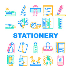 Stationery Equipment Collection Icons Set Vector. Stationery Knife And Clip, Pen And Pencil, Corrector And Compass, Stapler And Anti-stapler Tool Concept Linear Pictograms. Contour Color Illustrations
